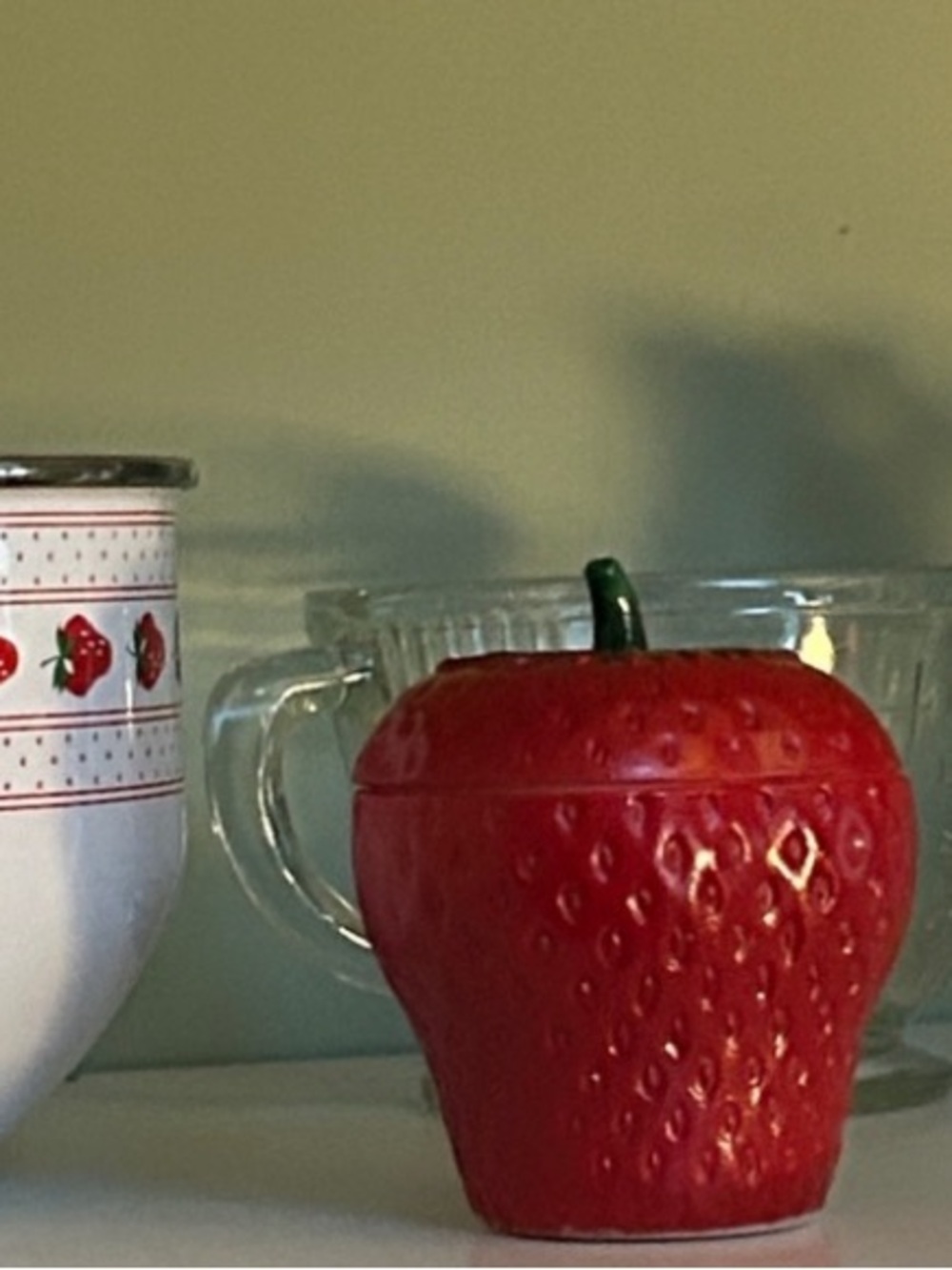 Vintage Glossy Red Strawberry Trinket Jar Green Stem Lid Ceramic EUC - Picture 11 of 12